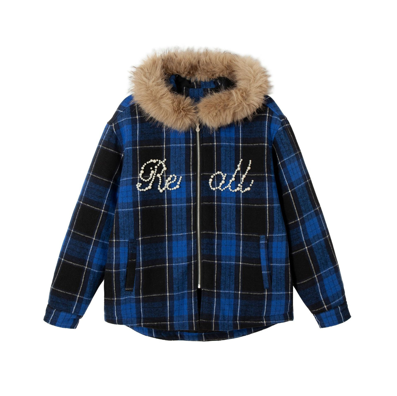 99-1 Faux Fur Trimmed Plaid Padded Jacket