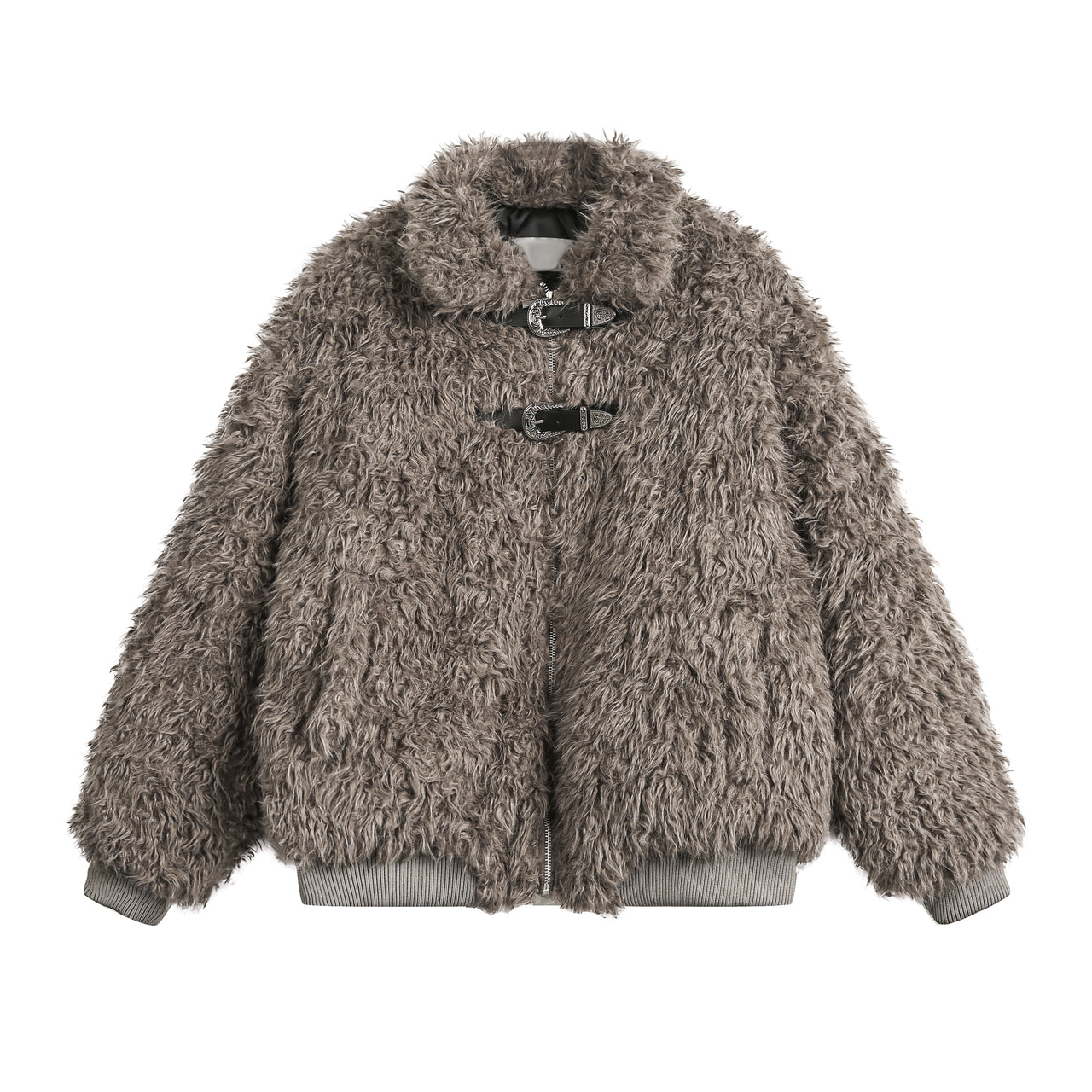 99-1 Metallic Leather Button Faux Rabbit Fur Jacket