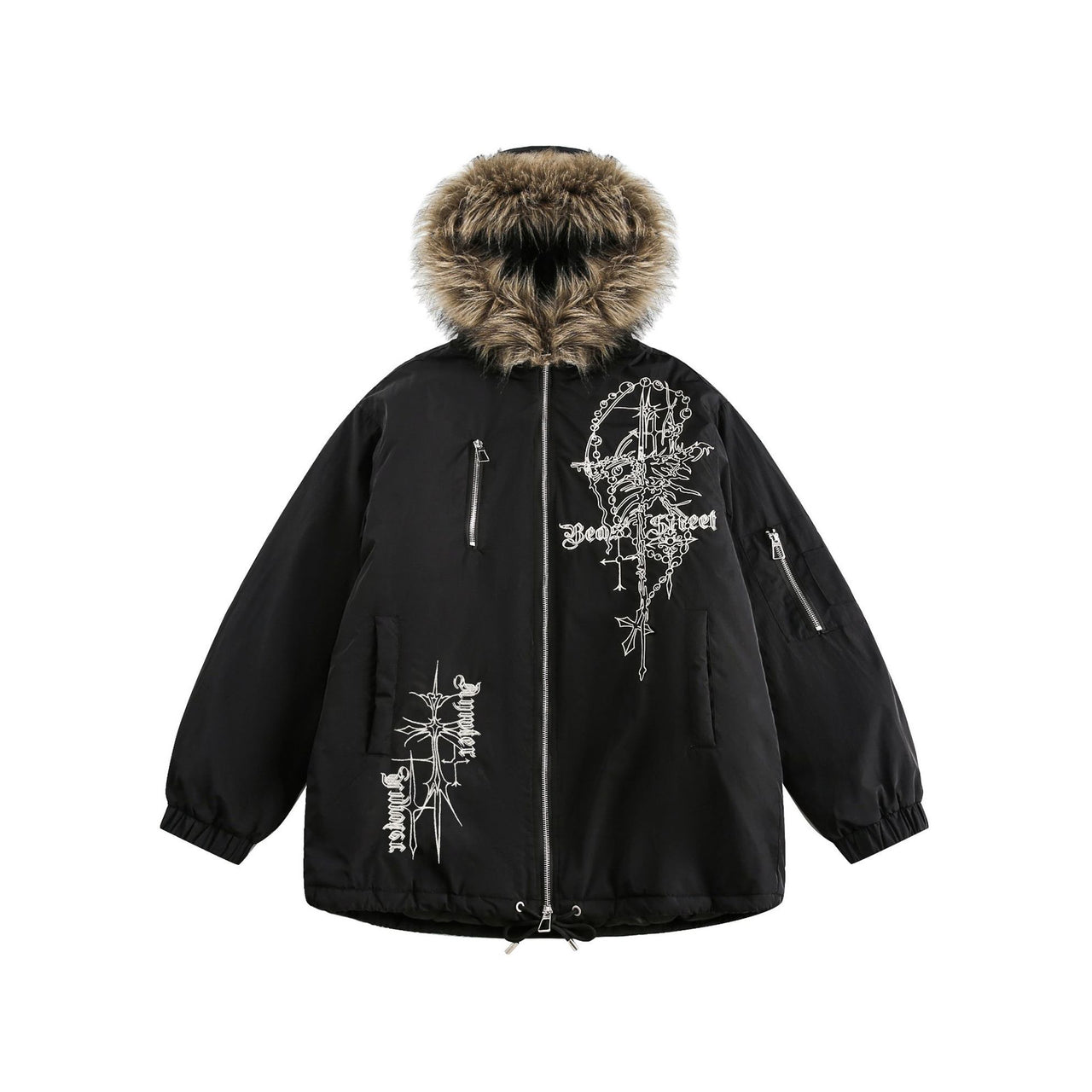 99-1 Faux Fur Trimmed Printed Padded Jacket