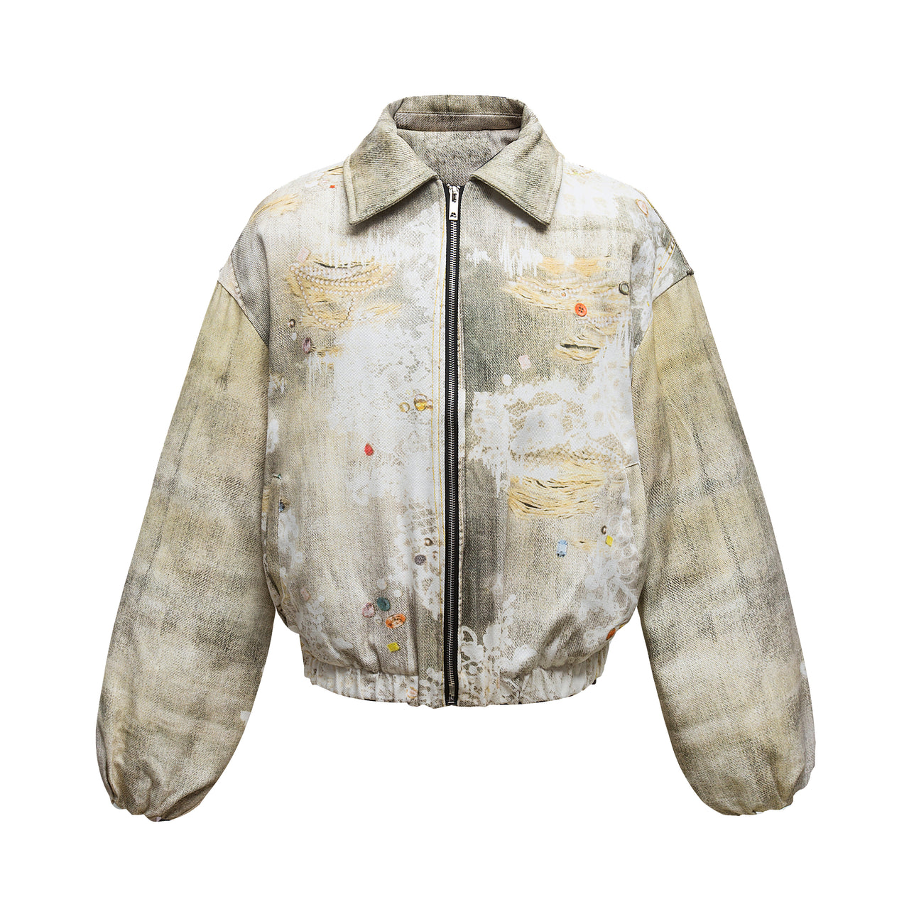 99-1 3D-Printed Distressed Motif Boxy Padded Jacket